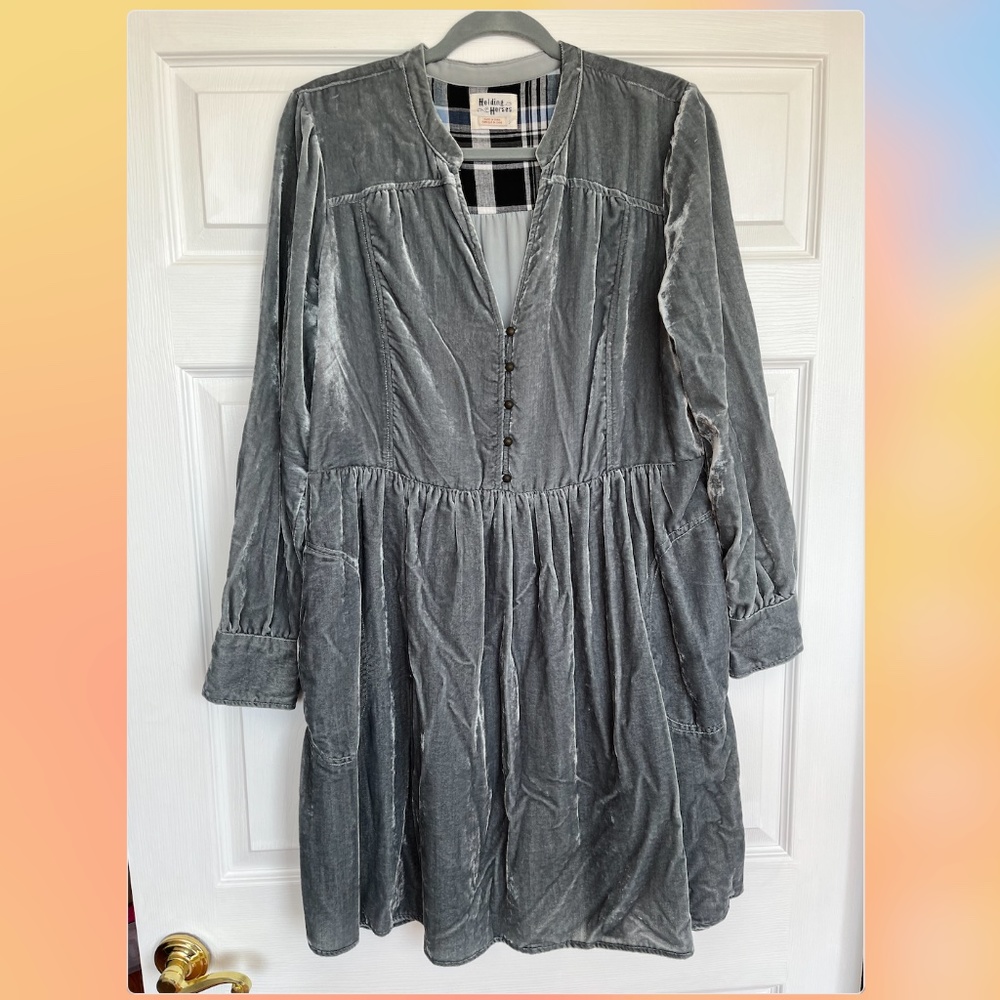 Anthropologie Holding Horses Velvet Blue/Green Long Sleeve Dress. Size L